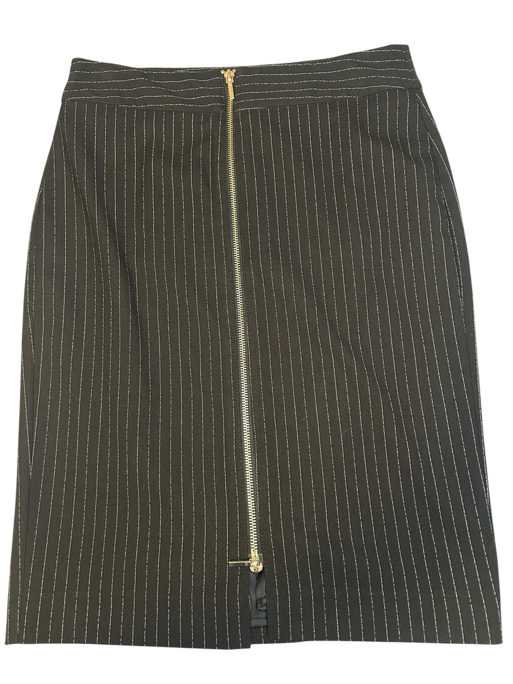 bebe Black Pinstripe Pencil Skirt with Gold Front Zip Double Zipper Women 6